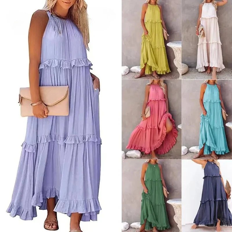 Robe Longue Femme à Volants – Maxi Robe Élégante Sans Manches pour Plage et Soirée Été 2026