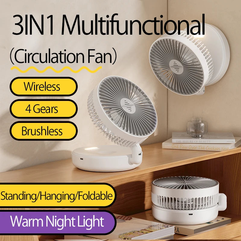 Ventilateur Portable 3-en-1 Rechargeable 1200mAh — Mural, Posable & Pliable 90°