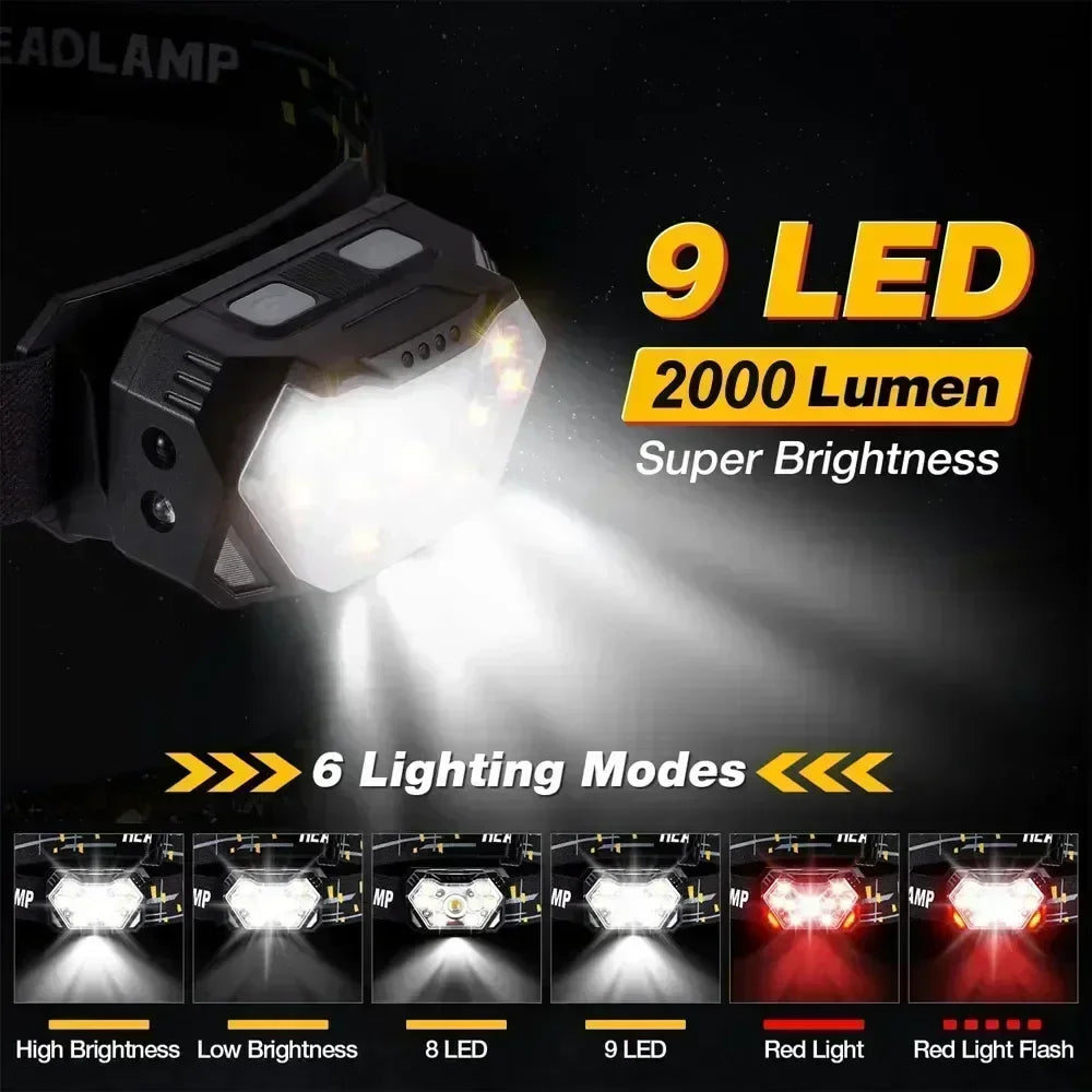 Lampe Frontale 9LED - 6 modes + Capteur de mouvement