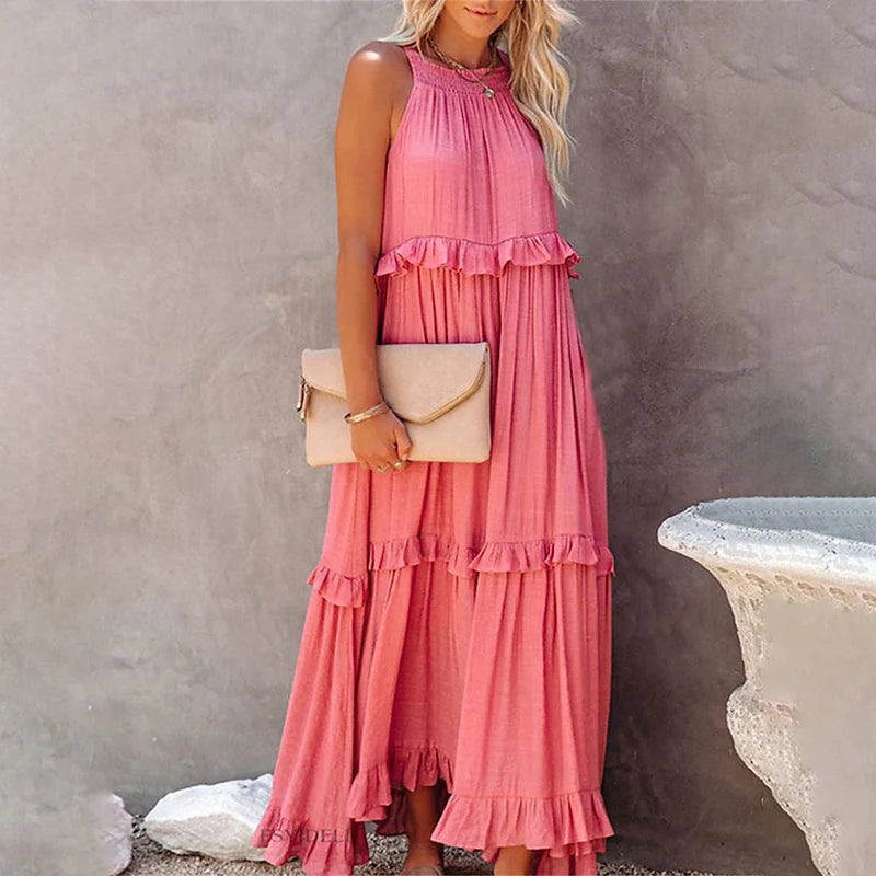 Robe Longue Femme à Volants – Maxi Robe Élégante Sans Manches pour Plage et Soirée Été 2026