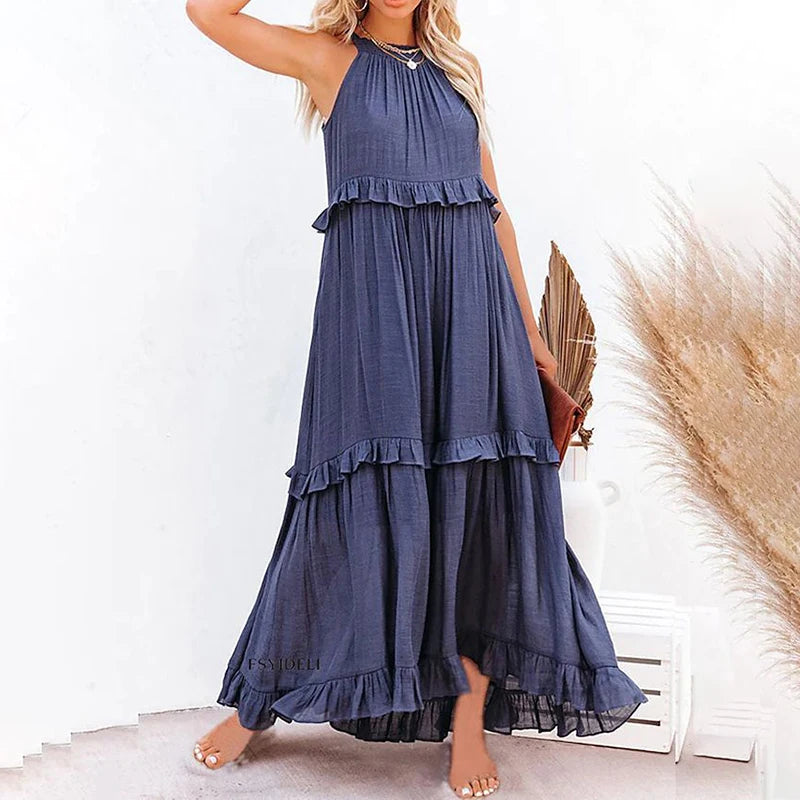 Robe Longue Femme à Volants – Maxi Robe Élégante Sans Manches pour Plage et Soirée Été 2026