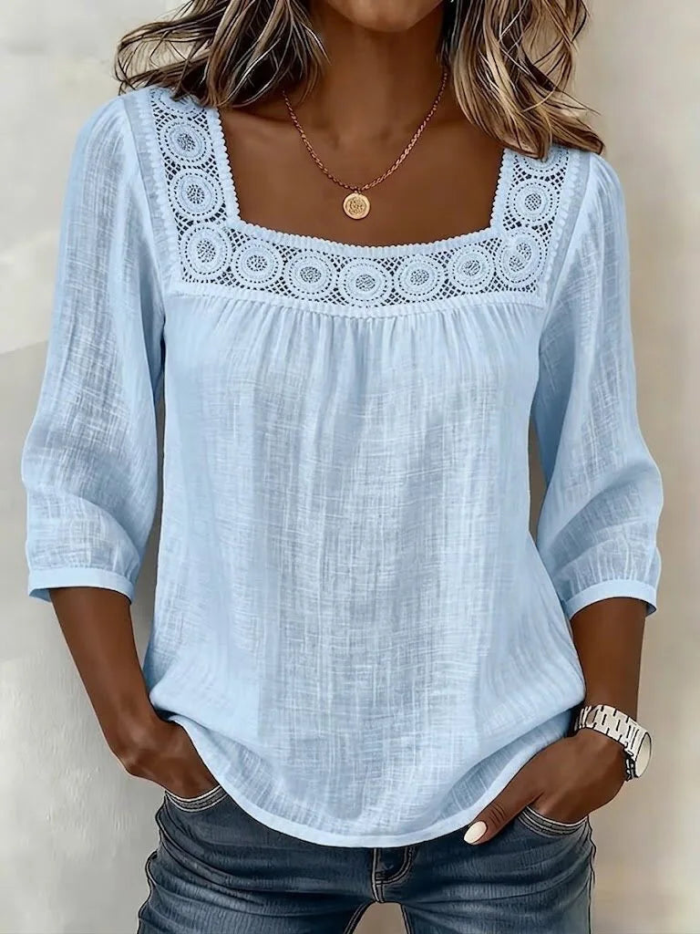 Blouse Femme Chic Décontractée – Dentelle Raffinée et Tissu Coton-Lin