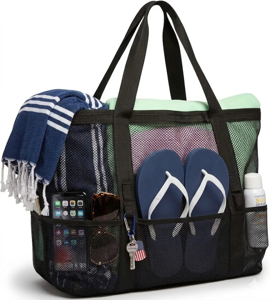Grand Sac de Plage en Maille Grande Capacité avec 9 Poches – Séchage Rapide et Design Anti-Sable