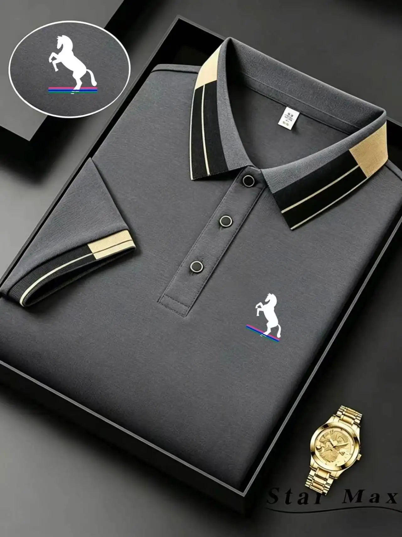 Polo Homme Luxe Brodé Cheval – Manches Courtes, Style Milan et Élégance Business Casual