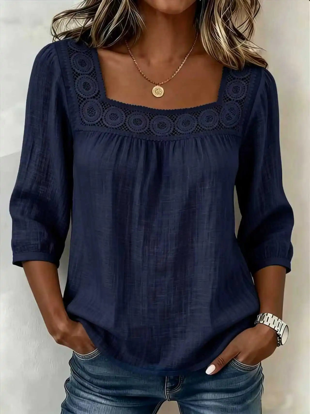 Blouse Femme Chic Décontractée – Dentelle Raffinée et Tissu Coton-Lin