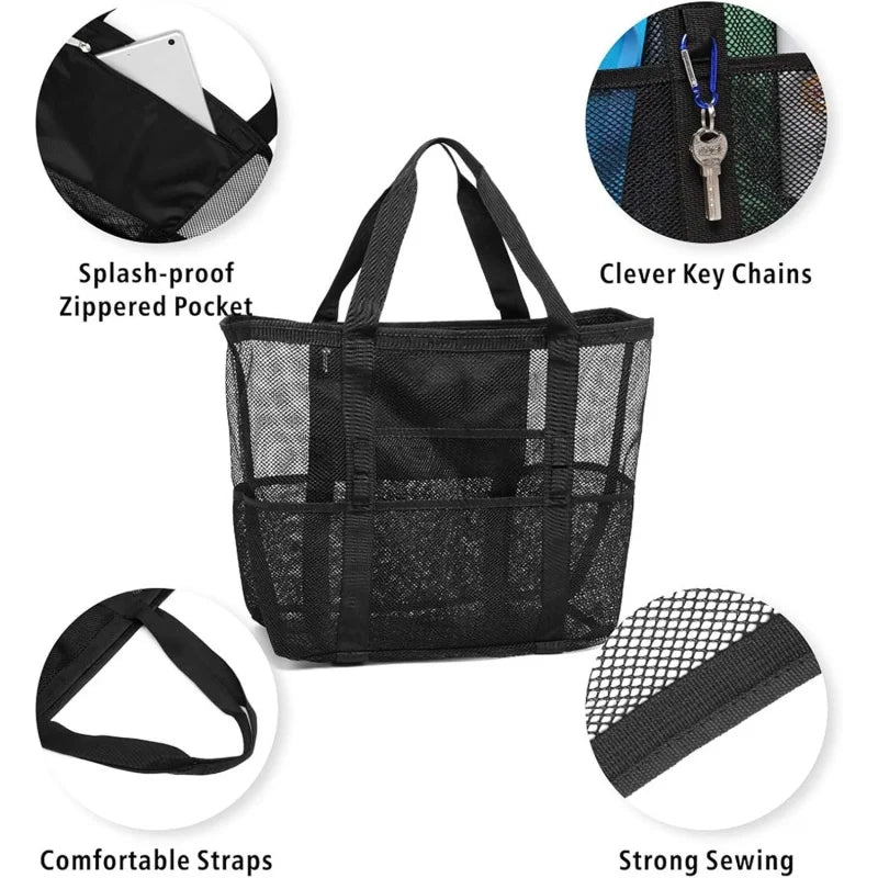 Grand Sac de Plage en Maille Grande Capacité avec 9 Poches – Séchage Rapide et Design Anti-Sable