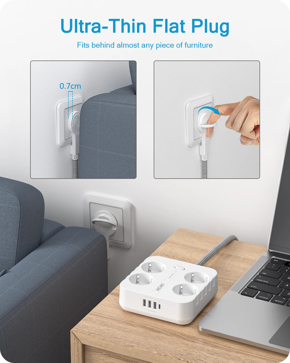 Multiprise Plate à 8 Ports avec Câble Tressé ULTRA RESISTANT