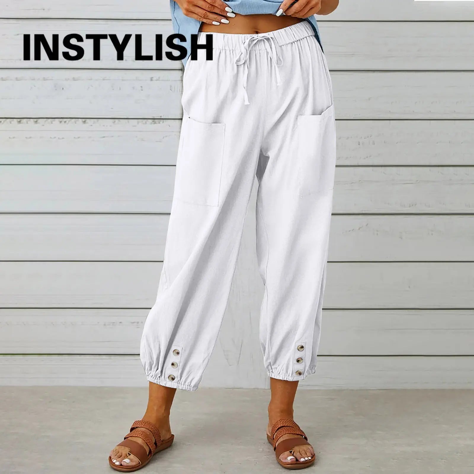 Pantalon Femme en Coton et Lin à Taille Haute – Coupe Ample à Jambes Larges et Taille Élastique