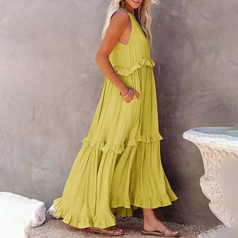 Robe Longue Femme à Volants – Maxi Robe Élégante Sans Manches pour Plage et Soirée Été 2026