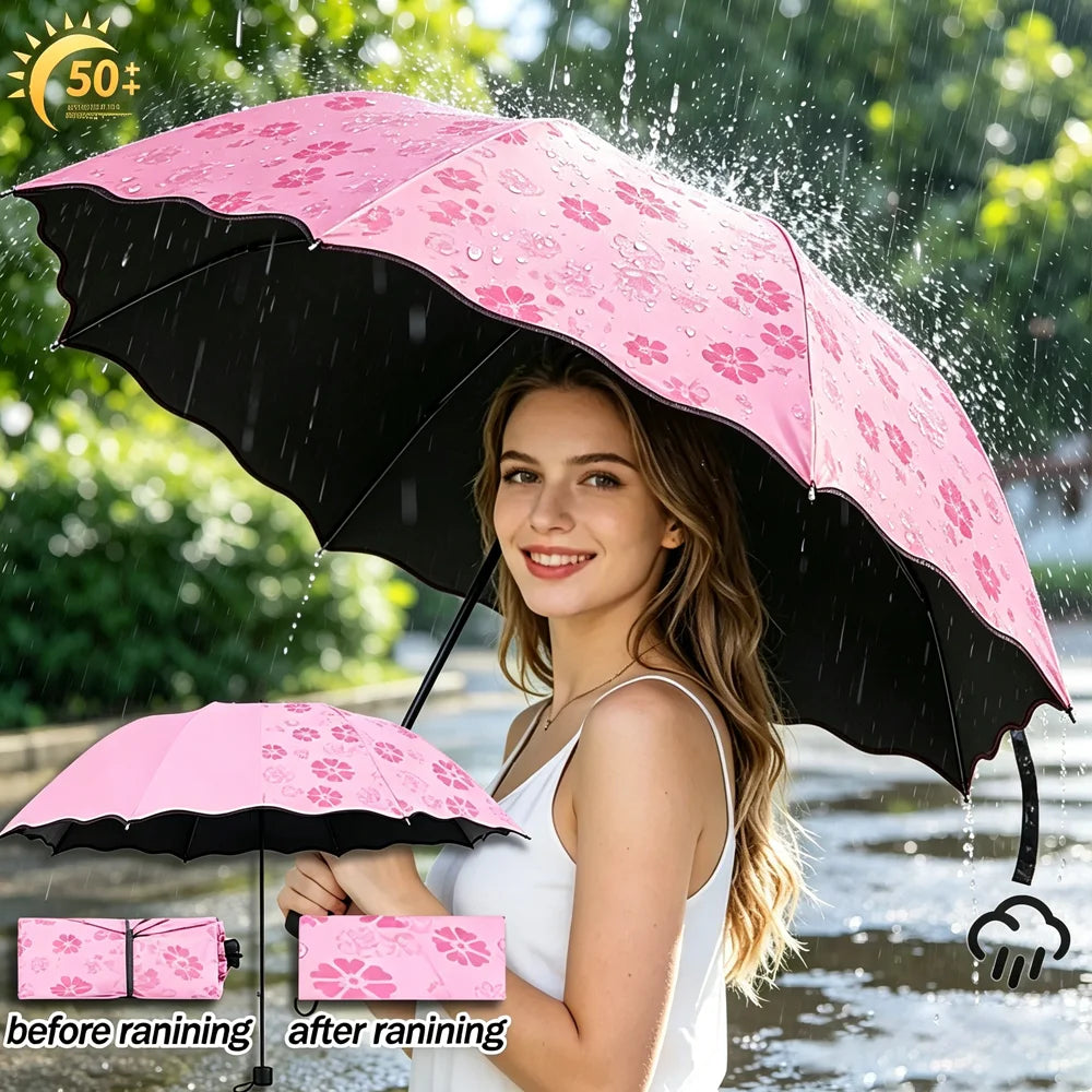 Parapluie Magique Pliant à Fleurs – Motifs qui Changent de Couleur sous la Pluie – Anti-UV, Compact & Portable