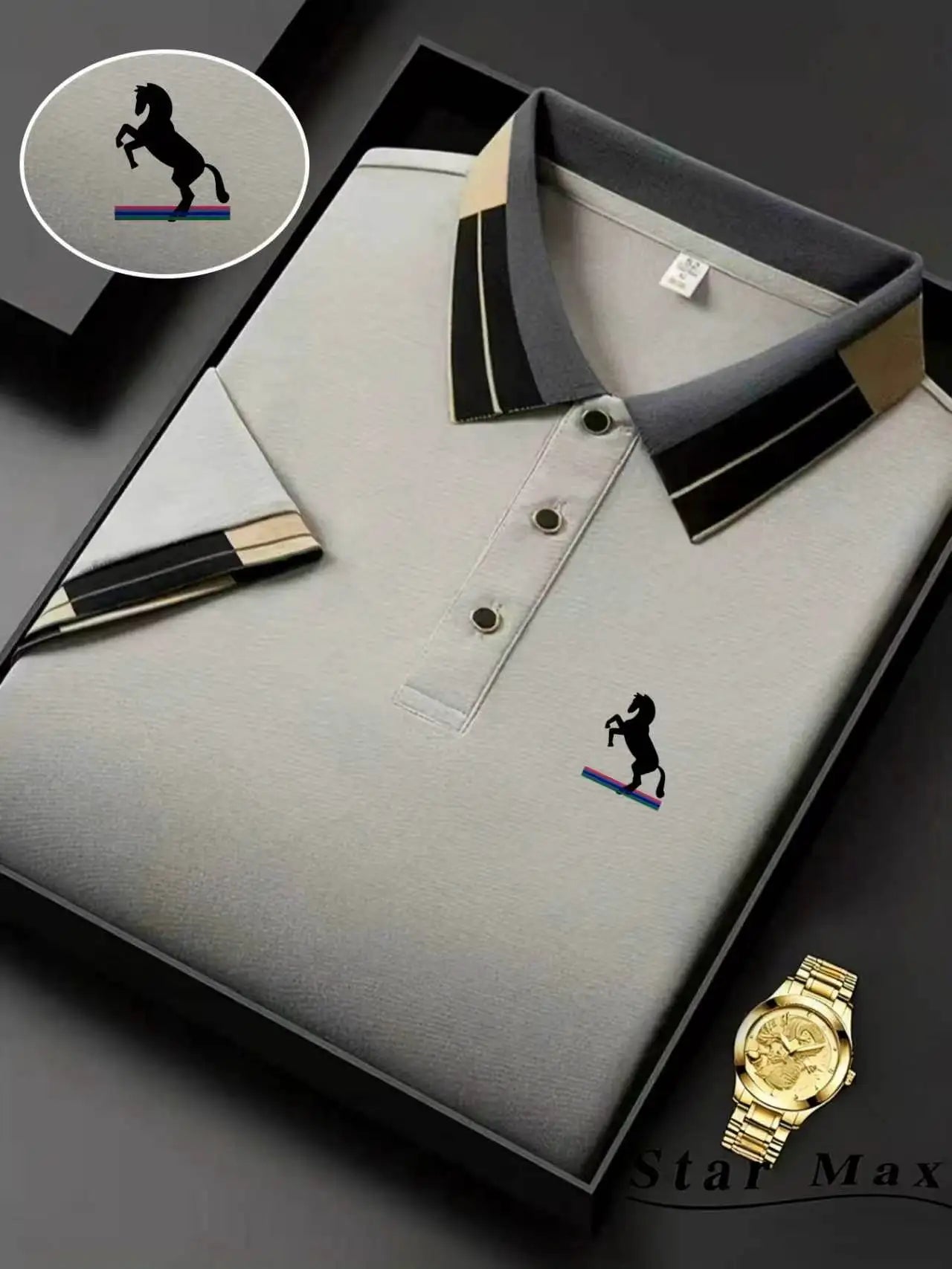 Polo Homme Luxe Brodé Cheval – Manches Courtes, Style Milan et Élégance Business Casual