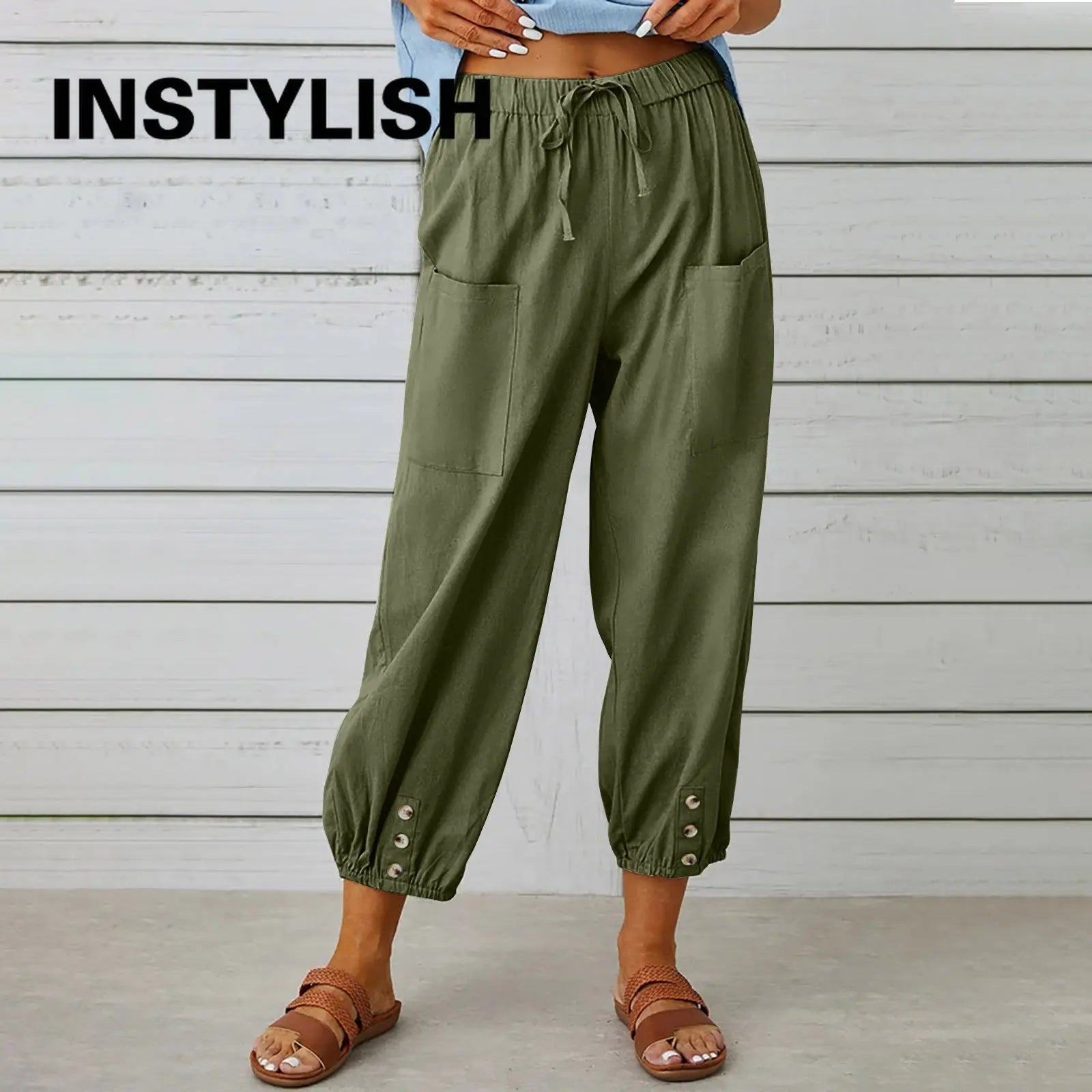 Pantalon Femme en Coton et Lin à Taille Haute – Coupe Ample à Jambes Larges et Taille Élastique
