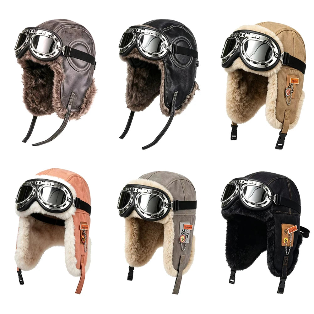 Chapka Russe Aviateur avec Lunettes Rétro – Bonnet d’Hiver Fourré, Cache-Oreilles Chauds – Homme & Femme