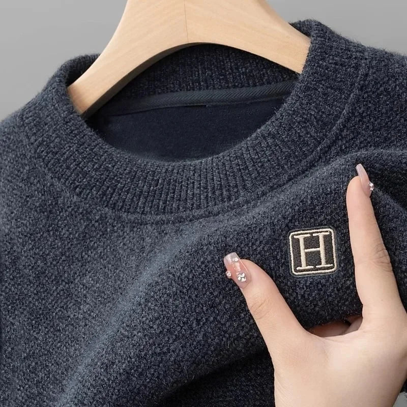 Pull en Maille à Col Rond et Logo Brodé Homme