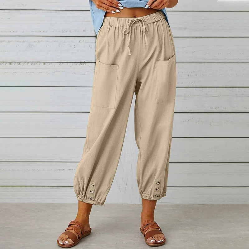 Pantalon Femme en Coton et Lin à Taille Haute – Coupe Ample à Jambes Larges et Taille Élastique