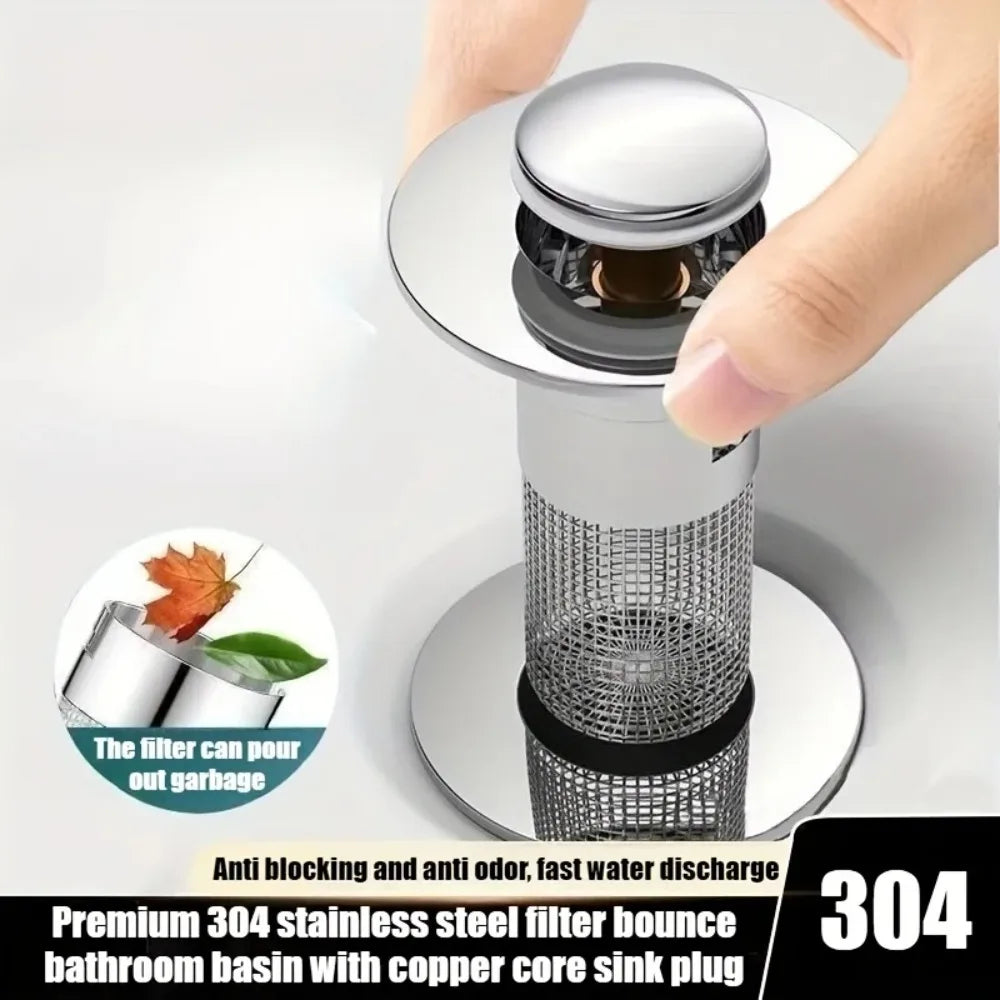 Bouchon de Lavabo Pop-Up Anti-Fuite en Acier Inoxydable – Filtre Anti-Cheveux, Anti-Odeurs & Anti-Bouchons – Salle de Bain et Cuisine