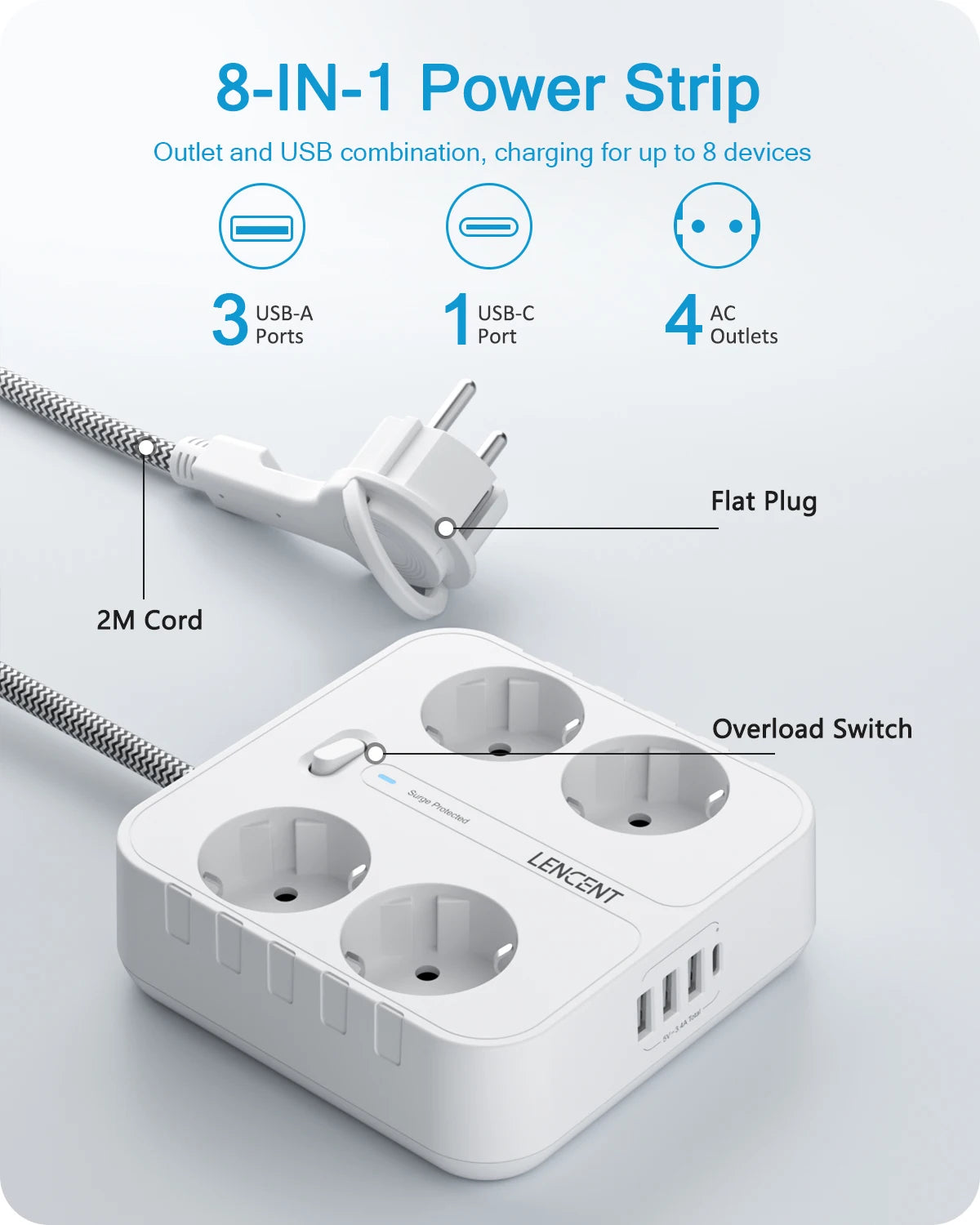 Multiprise Plate à 8 Ports avec Câble Tressé ULTRA RESISTANT