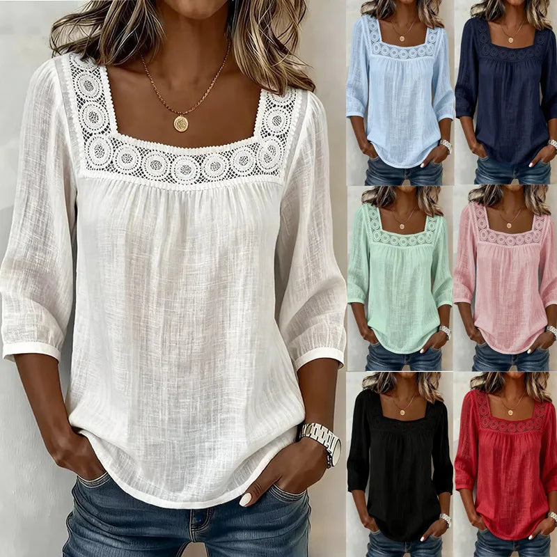 Blouse Femme Chic Décontractée – Dentelle Raffinée et Tissu Coton-Lin