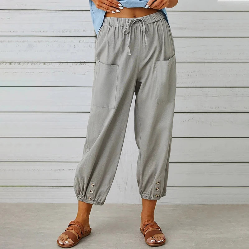 Pantalon Femme en Coton et Lin à Taille Haute – Coupe Ample à Jambes Larges et Taille Élastique