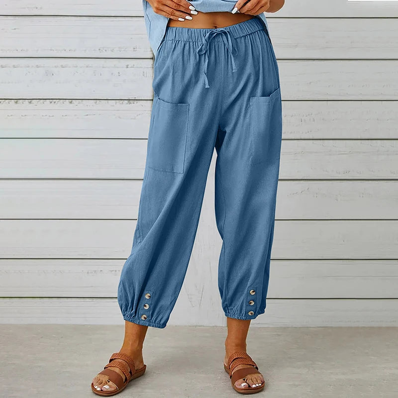 Pantalon Femme en Coton et Lin à Taille Haute – Coupe Ample à Jambes Larges et Taille Élastique