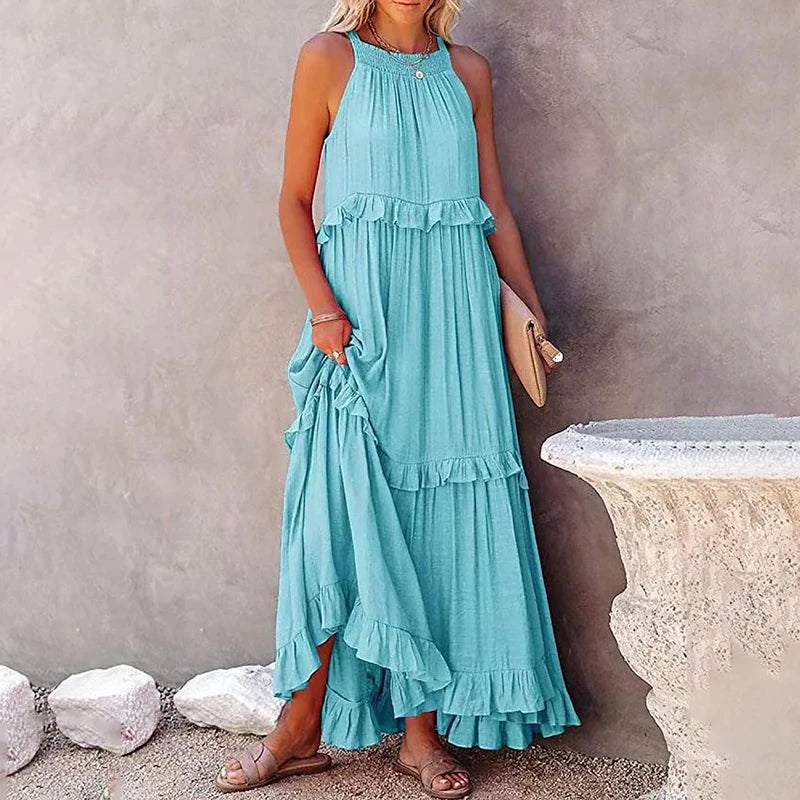 Robe Longue Femme à Volants – Maxi Robe Élégante Sans Manches pour Plage et Soirée Été 2026