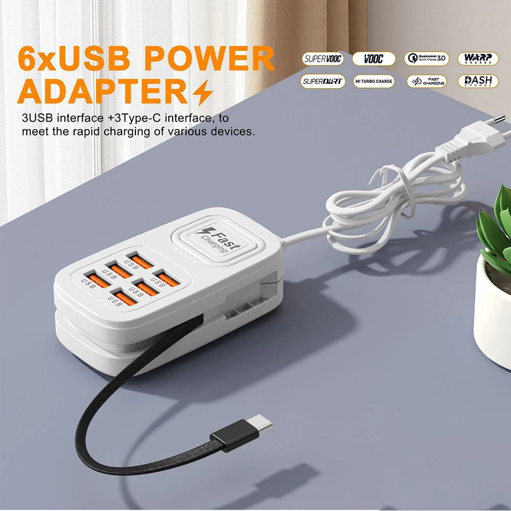 Station de Charge USB 6 Ports Multifonction — 3 USB + 3 Type-C, Charge Rapide
