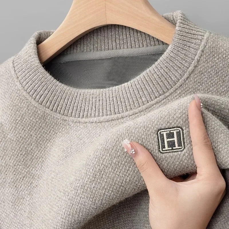 Pull en Maille à Col Rond et Logo Brodé Homme