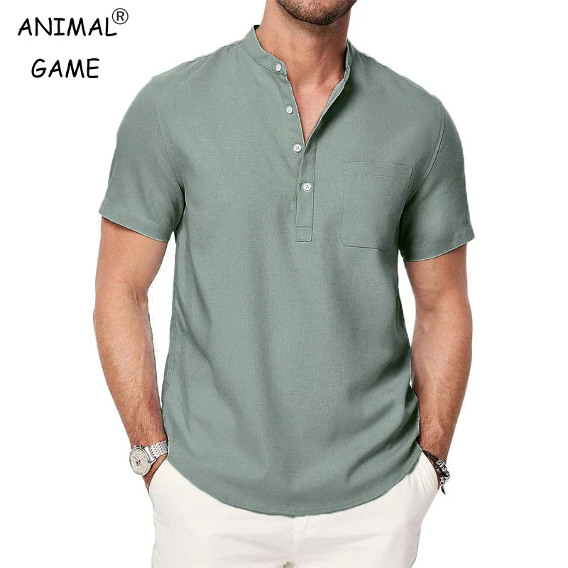 T-shirt Style Chemise à Col Mao avec Poche