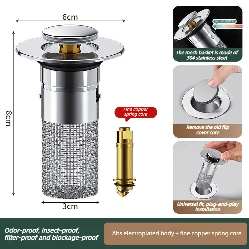 Bouchon de Lavabo Pop-Up Anti-Fuite en Acier Inoxydable – Filtre Anti-Cheveux, Anti-Odeurs & Anti-Bouchons – Salle de Bain et Cuisine