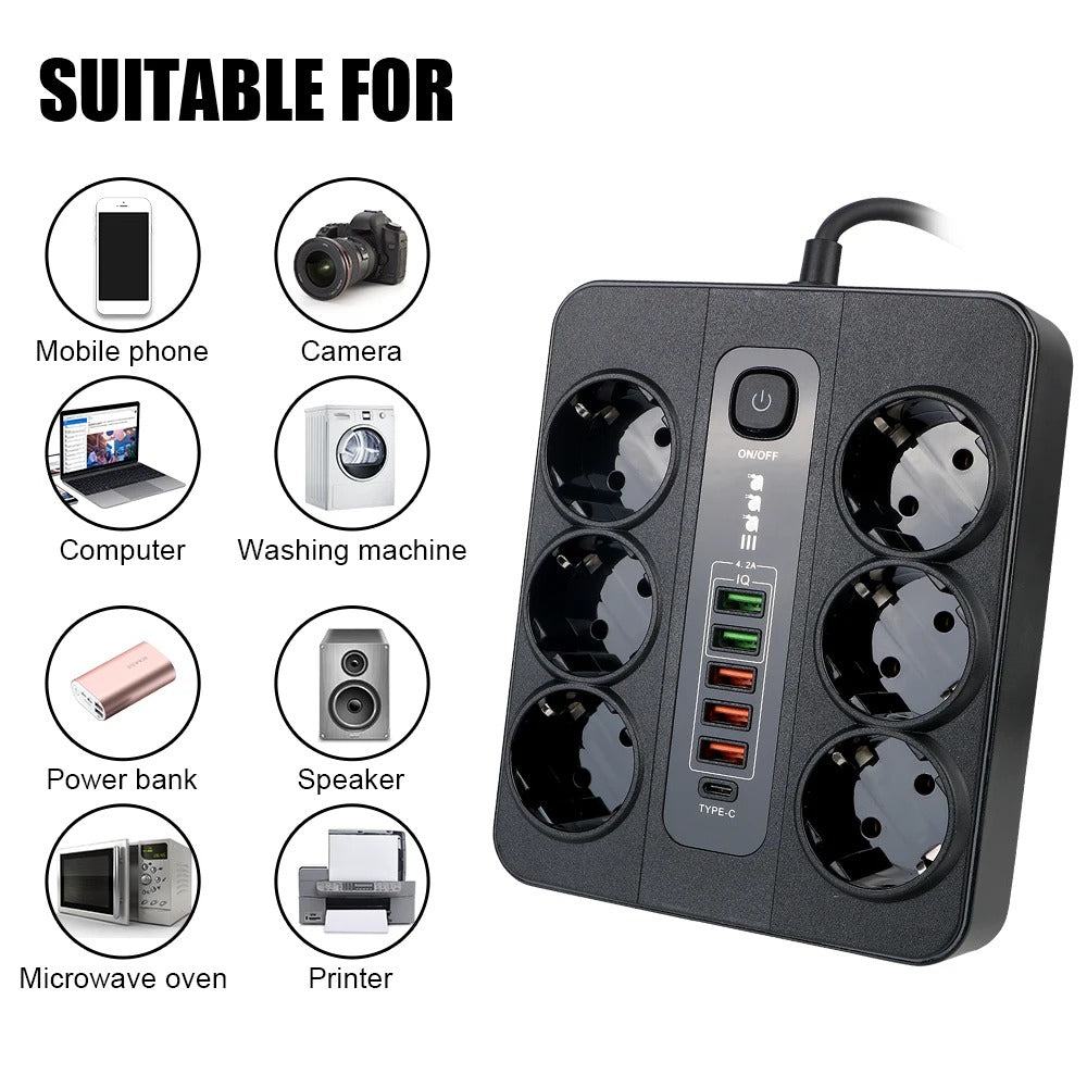 Multiprise 12 en 1 avec bouton On/Off - 6 Prises et 6 Ports USB