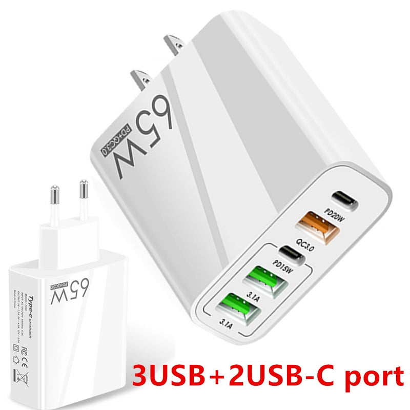 Chargeur rapide 65W 5 en 1 - 3 USB + 2 USB-C